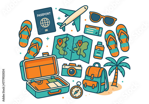 Travel essentials: passport, plane, map, camera, beachwear, backpack for adventure