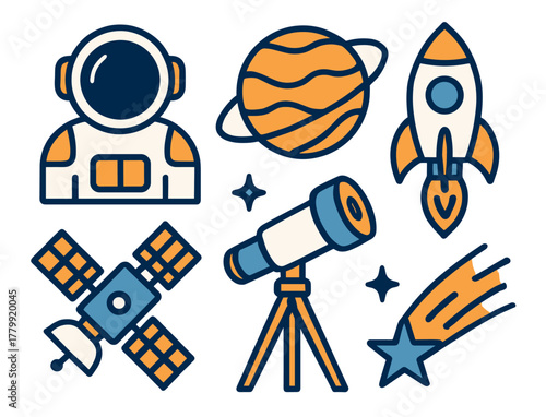 Astronomy icons: astronaut, planet, rocket, satellite, telescope, comet