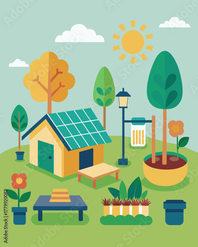 A community garden with a solarpowered bench located in the center offering a sustainable energy option for volunteers to use while working on maintaining the garden.. Vector illustration