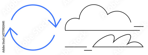 Blue circular arrow paired with minimalistic wind and cloud outlines conveys renewal, sustainability, and natures cycle. Ideal for recycling, environment, climate change, air quality, energy
