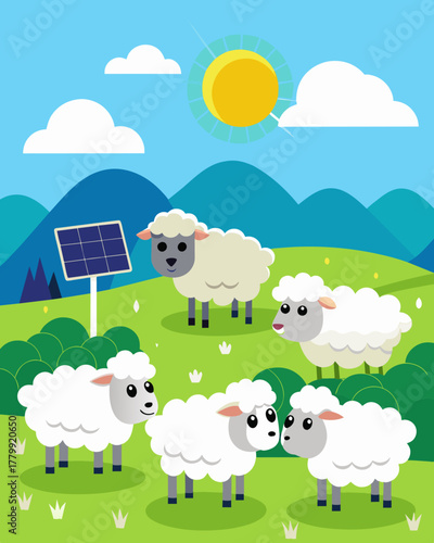 A flock of sheep happily nibbles on the grass safely guarded by the solarpowered electric fence surrounding their pasture.. Vector illustration