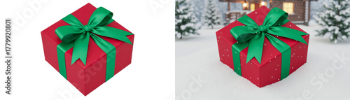 Red Christmas gift box with green satin ribbon and bow. Festive holiday present for winter celebration, New Year decoration, or Christmas design and seasonal greeting concept.