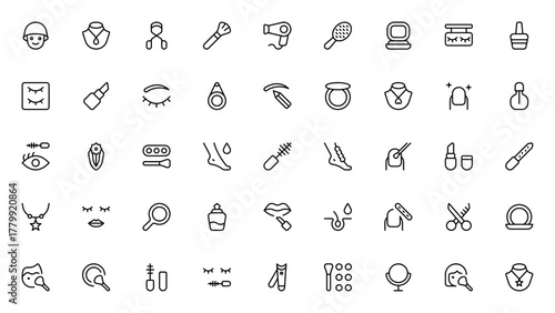 Cosmetic and makeup icon set. Vector beauty collectin featuring symbols for listick, nail polish, brush,mirror, perfume, foundatio, eyelash and more. Editabe line icons.