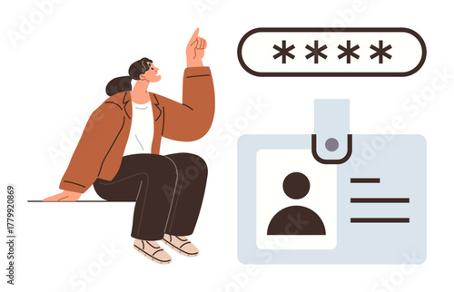 Woman gestures near a password field and ID badge, emphasizing security, identity validation, access, personal data, login management. Ideal for authentication visuals, cybersecurity, and simple flat
