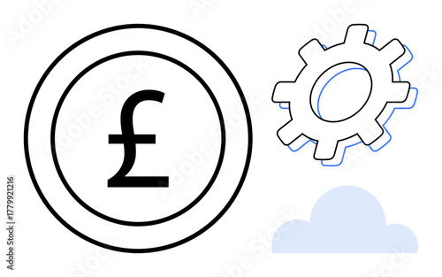 British pound coin symbol, gear, and cloud outline reflect finance, technology, innovation, wealth, cloud computing, economic strategy, and synergy forming a simple flat metaphor