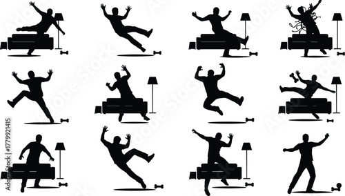 Surprised person silhouette, bedroom reaction, funny pose, cat attack, surreal arms, dumbbell hazard, comic scene, indoor panic, humorous illustration