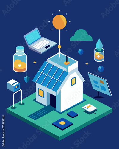 A hightech research facility where scientists use solarpowered laptops to collect and analyze data in remote locations without access to traditional power sources.. Vector illustration