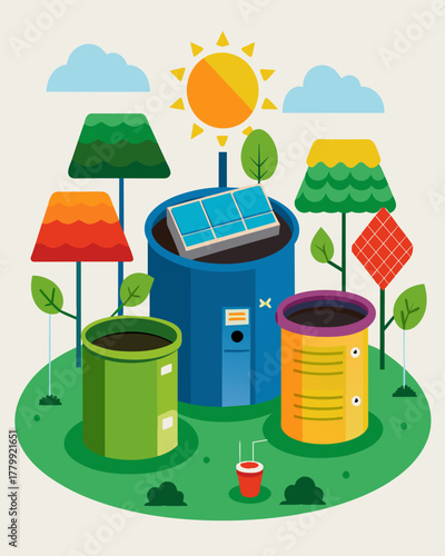 A gardenlike oasis with colorful bins labeled for different types of materials all powered by solar panels lining the perimeter.. Vector illustration