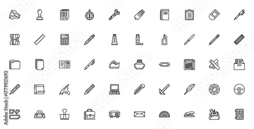Stationery icon set. Vector office supply collection Includes stapler, pen, pecil, ruler, calculator, noebook, scissors, glue, bruh, envelope and more. Editble stroke.
