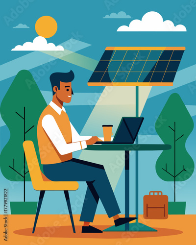 A busy professional working on their laptop at a bustling outdoor cafe the solar panel on the back powering the device as they sip on their coffee.. Vector illustration