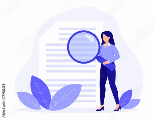 Professional woman with a magnifying glass conducting a detailed analysis of a document for business research and auditing
