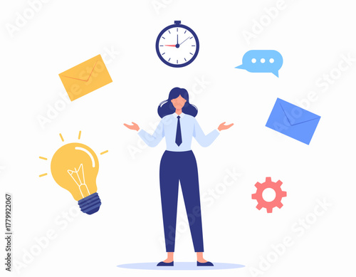 Multitasking Businesswoman Juggling Work Tasks, Idea Generation, and Time Management