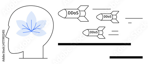 Human head with calm flower symbol and incoming DDoS missiles symbolizing attacks. Ideal for cyber security, mindfulness, stress management, technology overload, mental health, online threats, simple