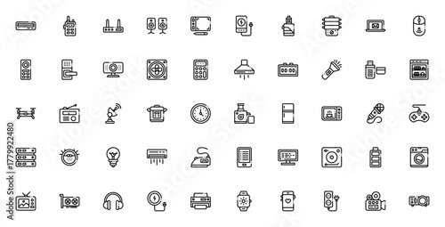 Electronic devices icon set. Minimal vector line icos pack. Includes symbols fr smartphone, laptop, headhones, drone, smartwatch, amera, router and more. Edtable stroke.