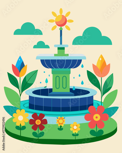 A beautiful park fountain adorned with colorful flowers blooming nearby powered by the suns renewable energy.. Vector illustration