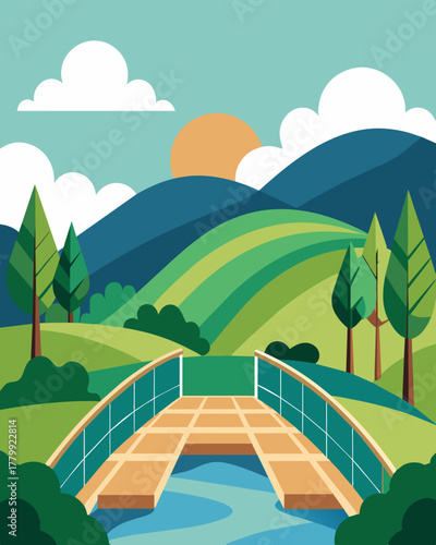 A beautiful bridge in the countryside adorned with solar panels to light up the pathway and offer a serene view of the surrounding nature.. Vector illustration