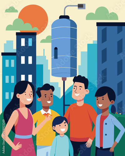 A family of five in a crowded urban apartment greatly appreciate their solar water heater allowing them to save valuable space and reduce their reliance on conventional energy. Vector illustration