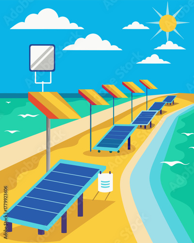 A beachside boardwalk lined with colorful solar charging stations allowing beachgoers to top up their devices while soaking up the sun.. Vector illustration