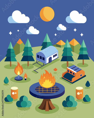 A campground with a communal fire pit surrounded by solar charging stations allowing campers to stay connected while still enjoying outdoor activities.. Vector illustration