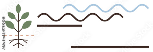 Plant sprouting with roots below ground, layers representing soil, and wavy lines symbolizing water flow. Ideal for agriculture, ecology, growth, sustainability, environment, education simple flat