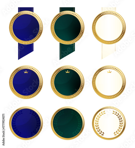 メダルの縁にドットをあしらい、小さな王冠と月桂樹をアクセントにした群青色・深緑・アイボリーのメダル9種セット（光沢ゴールドのフレーム・リボン付き／表彰・アワード・認定証・高級ギフトデザイン向けベクター）