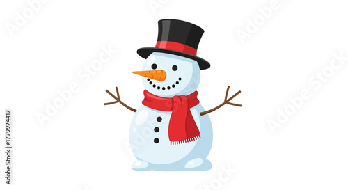Cheerful Snowman with Top Hat and Scarf