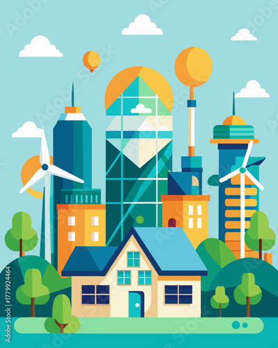 A futuristic sustainable city where all homes are equipped with solarpowered automation systems making the most of renewable energy sources.. Vector illustration