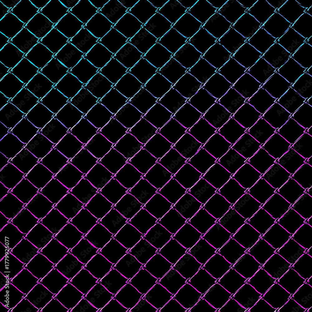 Fototapeta premium Abstract pattern of fishnet in neon light blue and pink on black background creates vibrant and dynamic visual experience