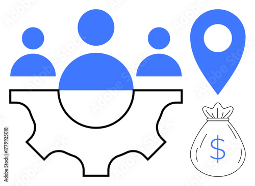 Team collaboration inside a gear representing processes, alongside a location pin and money bag symbolizing strategy, growth, and financial optimization. Ideal for business, teamwork, leadership