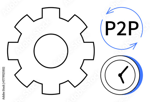 Gear symbol with clock and circular arrows around P2P text. Ideal for teamwork, efficiency, collaboration, automation, time management, peer networks, or process optimization. Simple flat metaphor