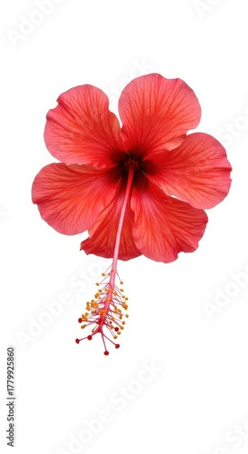 A vibrant single red hibiscus flower in full bloom, perfectly isolated on a pure white studio background, highlighting its delicate tropical beauty ,large, colorful, tropical