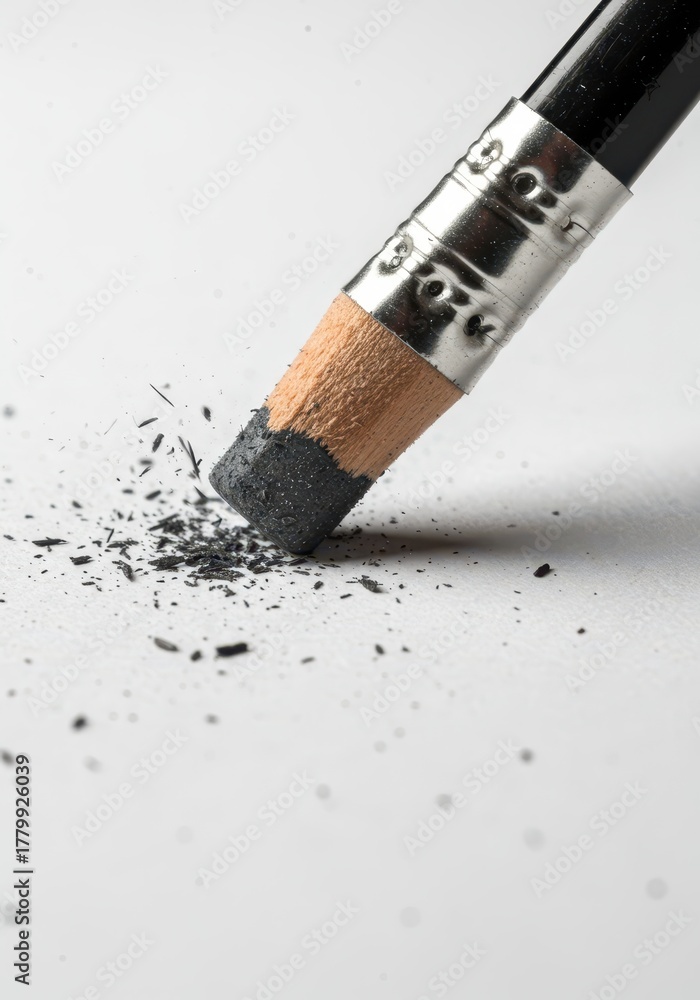 Obraz premium Close up of a rubber eraser actively rubbing out a graphite pencil mark on clean white paper, creating small shavings and dust ,mistake ,paper ,correction