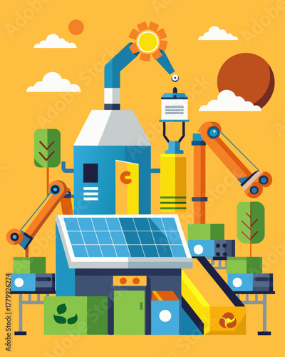A hightech facility featuring automated machines capable of sorting and compacting recyclables using solely solar energy.. Vector illustration
