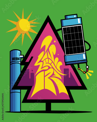 A graffiti piece with hidden solar panels that power a motionsensor that triggers the artwork to come to life and interact with viewers.. Vector illustration