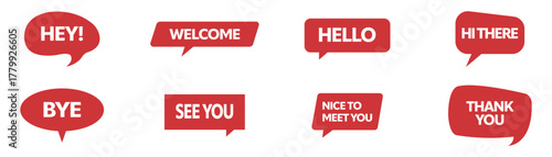 Red speech bubble icons with bold white text phrases. Vector set with messages like hello, welcome, thank you, and bye for communication and social media design