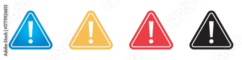 Colorful warning triangle icons with exclamation mark. Alert and caution sign vector set in blue, yellow, red, and black colors for interface, safety, or notification design
