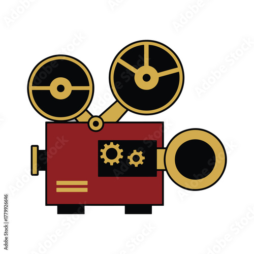 A classic red and gold vintage film projector for cinema and movie presentations vector illustration.