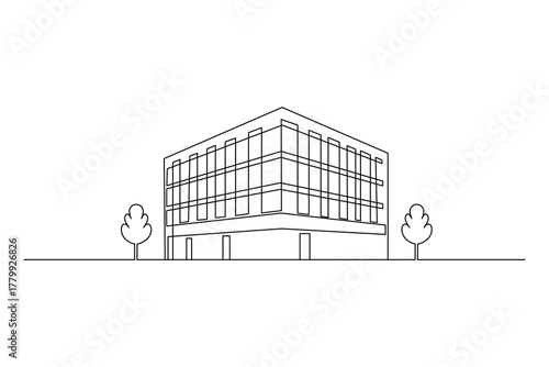 Simple office tower, continuous single line drawing, isolated vector art