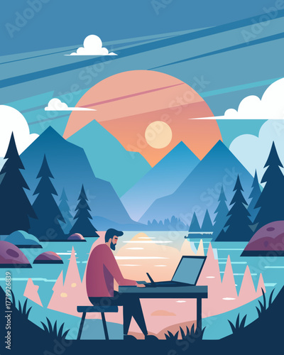 A peaceful morning on the lake the only sounds coming from the keyboard of a dedicated freelancer inside their cabin.. Vector illustration