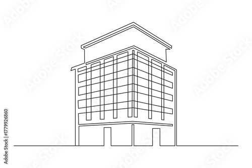 Modern office building outline is a continuous one line minimalist vector