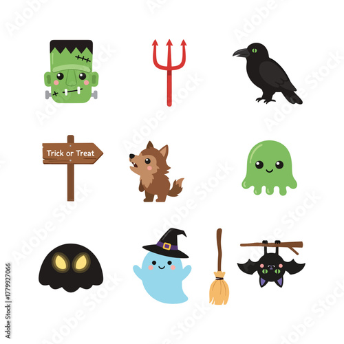 A set of cute and spooky Halloween character icons like Frankenstein, a ghost and a werewolf vector illustration.