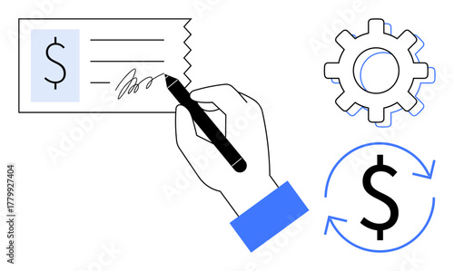 Hand signing a check with a pen, dollar sign, gear for process, and arrows for recurring transactions. Ideal for finance, payment, automation, money management, budget workflow simple flat metaphor