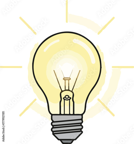 A brilliant yellow light bulb glowing with radiating rays, symbolizing a fresh idea, inspiration, creativity, innovation, and effective problem-solving in a clear graphic illustration