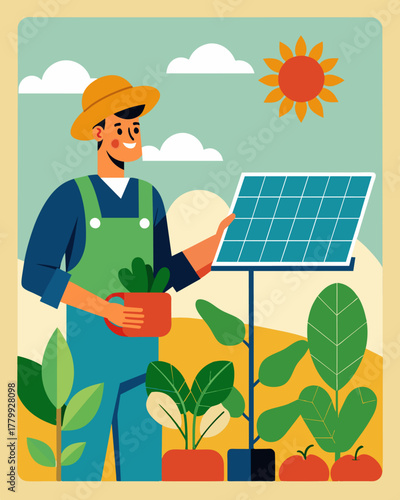 A farmer tends to his crops as the hum of solar panels can be heard in the background a harmonious mix of modern technology and traditional farming ods.. Vector illustration