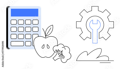Calculator, apple, broccoli, gear with wrench, and plant leaf representing budgeting, nutrition, health management, eco-friendliness, problem-solving financial planning and wellness in a simple