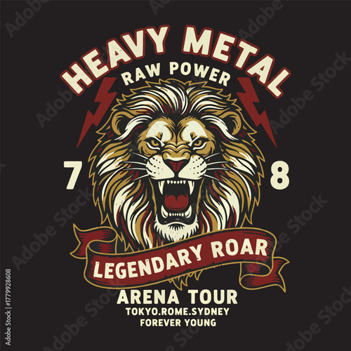 A heavy metal music tour design with a roaring lion, a symbol of raw power and a legendary rock T-shirt design vector illustration.