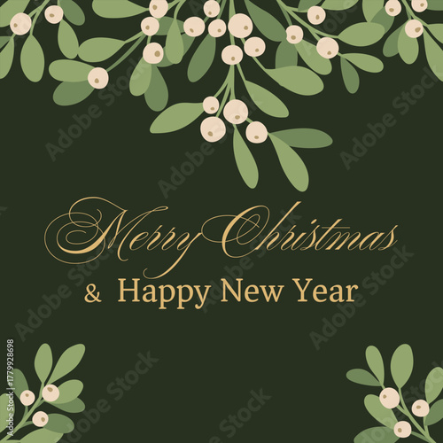 Świąteczna kartka z jemiołą i złotym napisem Merry Christmas.