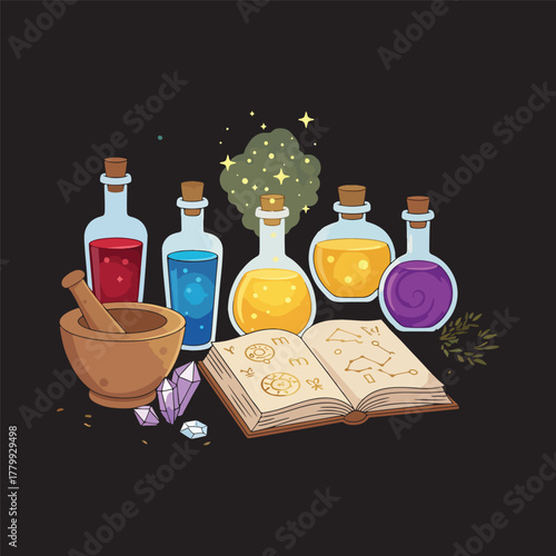 A magical alchemy set with a spellbook, mortar and pestle, and colorful potions in glass bottles vector illustration.