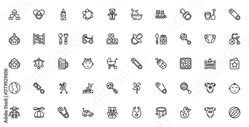 Baby Set_7080 icon collection. Vector illustration faturing baby essentials lie stroller, pacifier, ratte, diaper, bib, crib, toys safety pin, bodysuit and ore. Editable stroke.