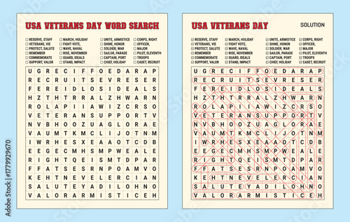 USA Veterans Day Vector Word Search Puzzle for School Kids, a Printable letter-size puzzle with solutions, Educational Holiday Activity